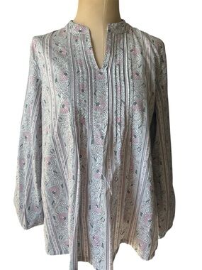 J. Jill Pink and Gray Floral Stripe Pintuck 100% organic cotton Blouse
